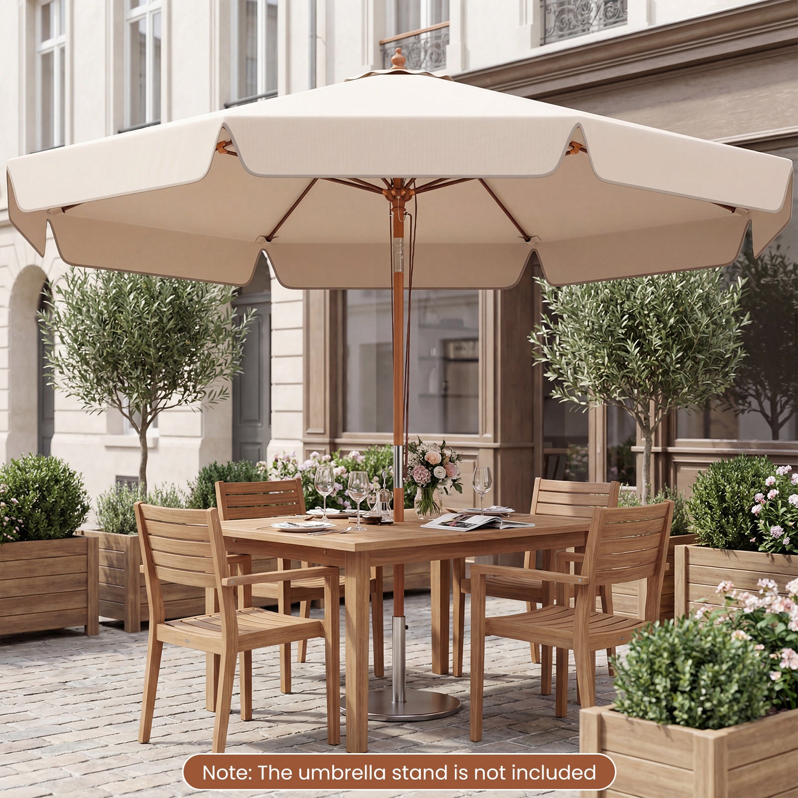 300 cm Scalloped Patio Umbrella Market Table Umbrella with Push Button Tilt-Beige
