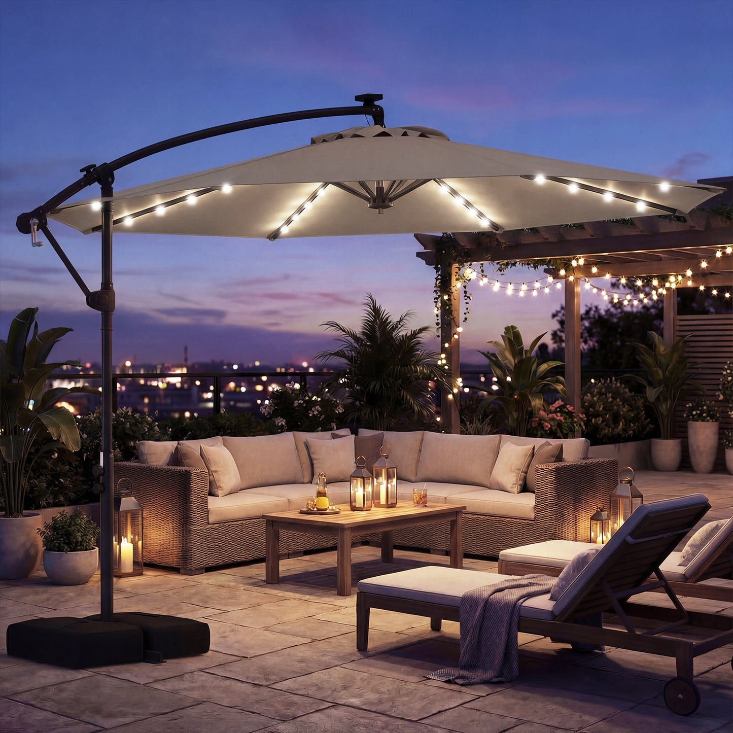 300 cm Solar LED Offset Cantilever Patio Umbrella with Rotation and Crank-Brown