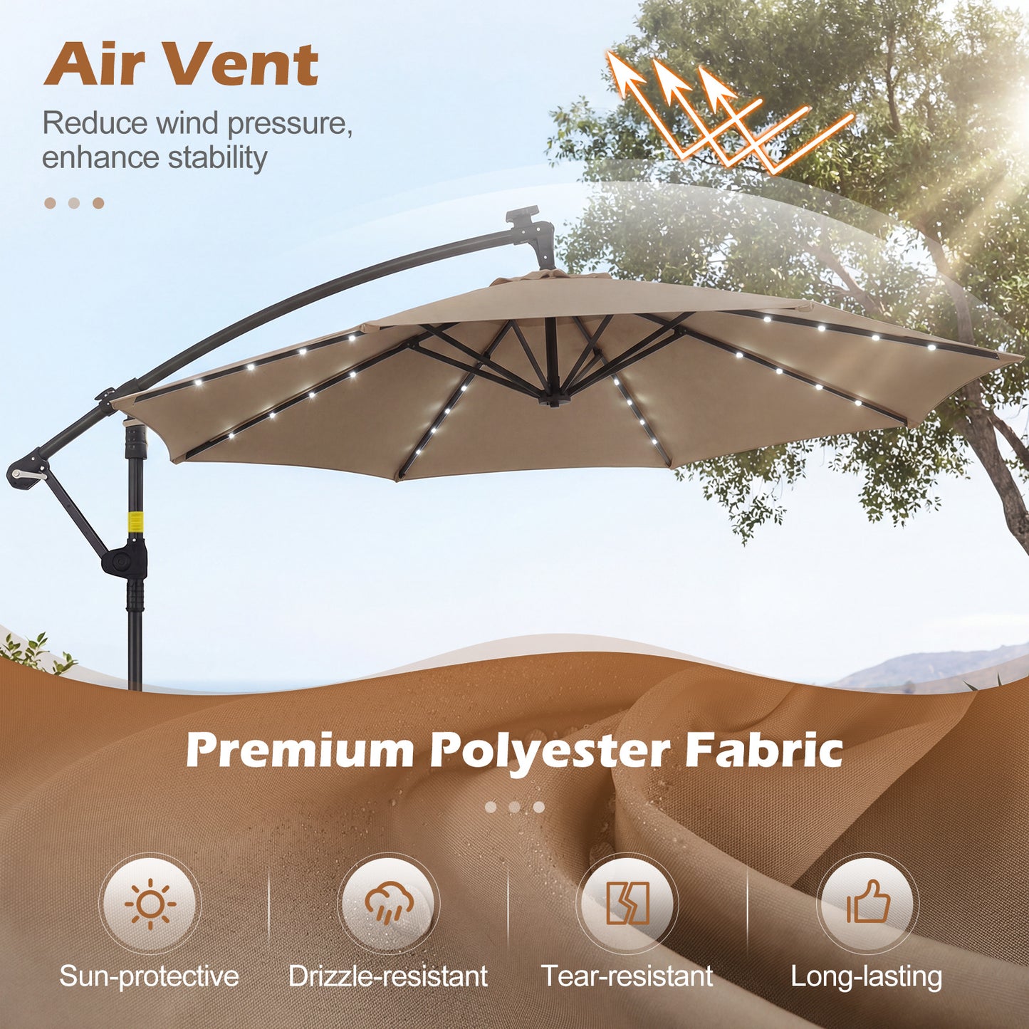300 cm Solar LED Offset Cantilever Patio Umbrella with Rotation and Crank-Brown