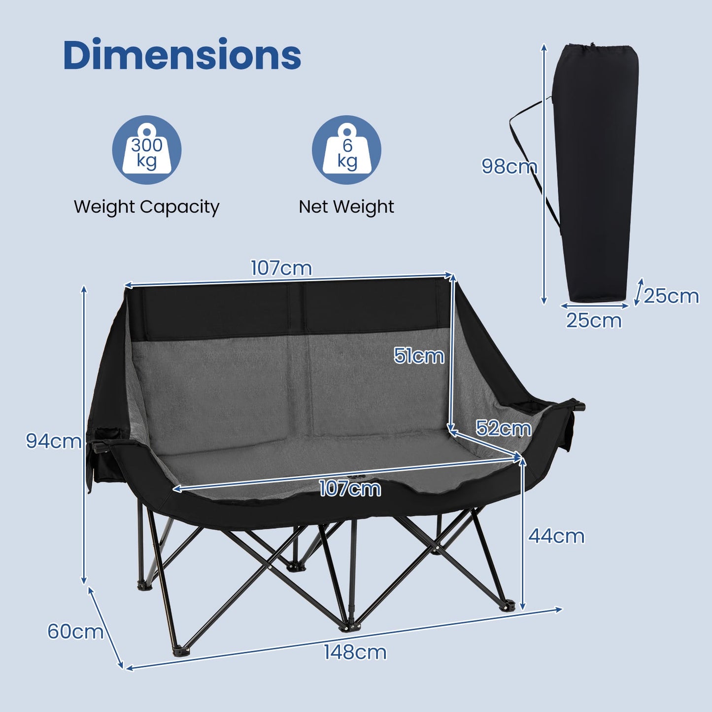 300 kg Heavy Duty Heated Double Camping Chair with 4 Heating Zones and 3 Heat Levels-Black