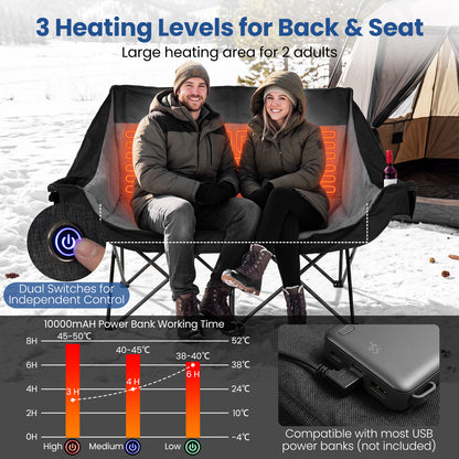 300 kg Heavy Duty Heated Double Camping Chair with 4 Heating Zones and 3 Heat Levels-Black