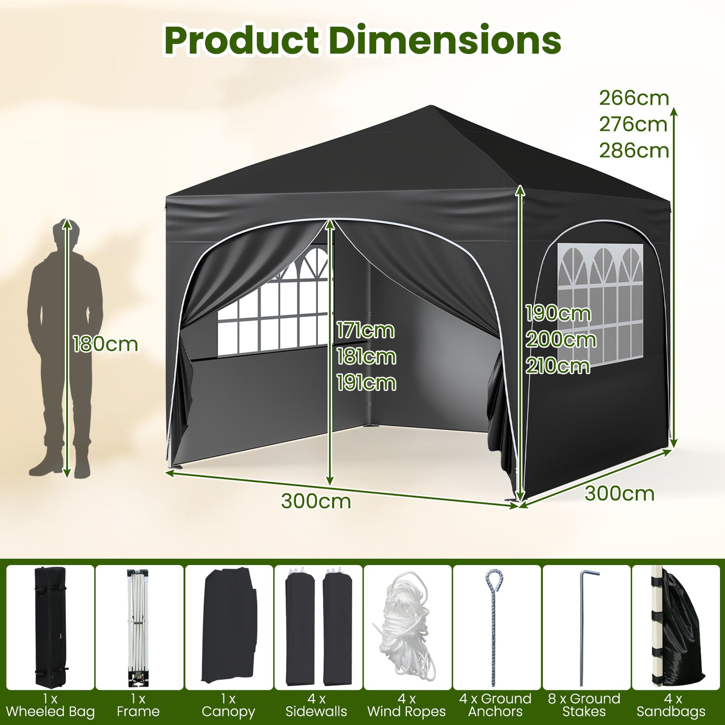 300 x 300 cm Pop up Canopy Tent with 4 Removable Sidewall and Wheeled Bag-Black