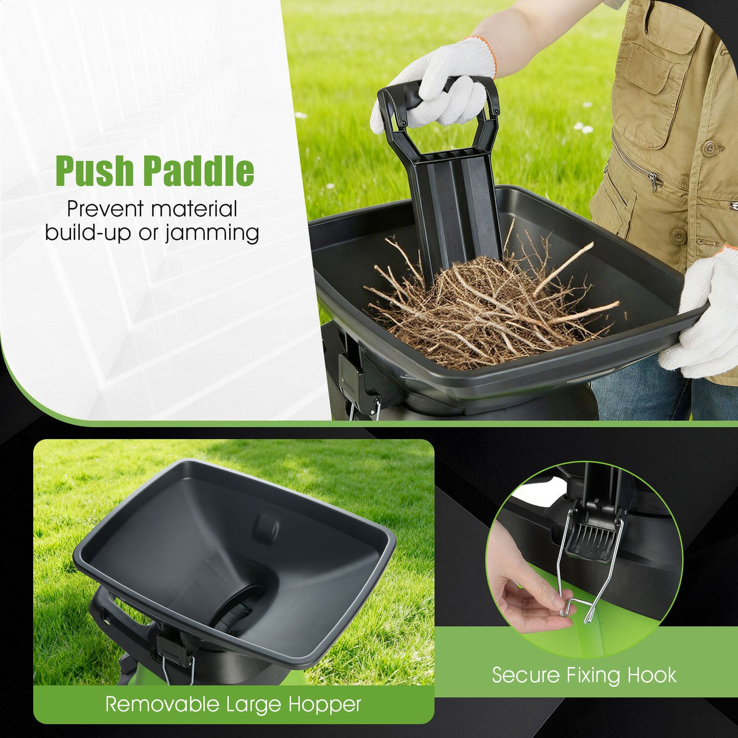 3000 W Electric Wood Chipper with 50 L Collection Bin and Wheels-Green