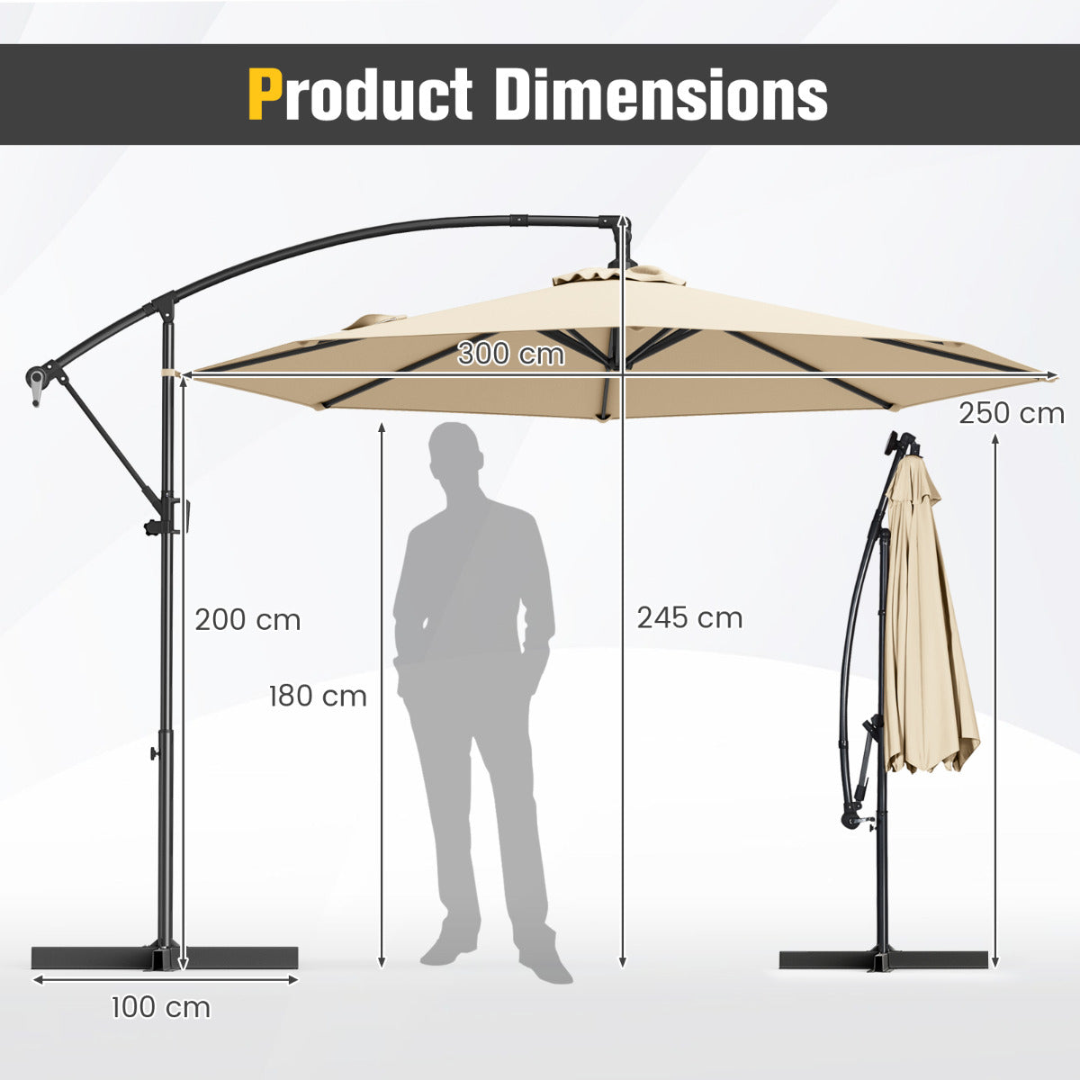 300 cm Offset Hanging Umbrella with Base-Beige