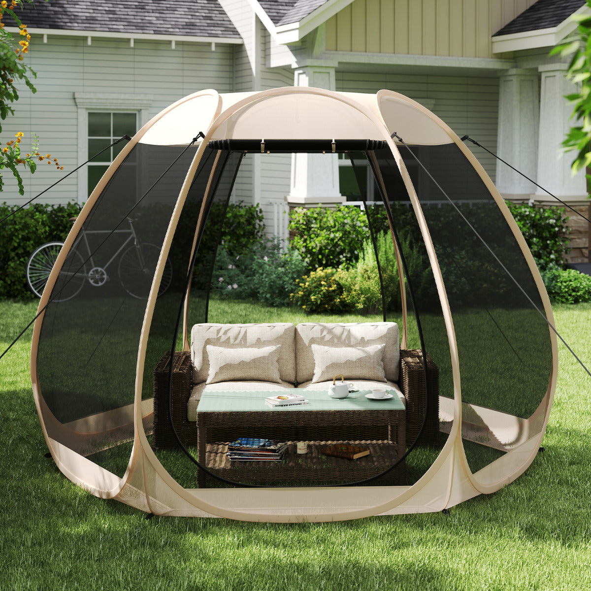 300 X 275 CM Foldable Outdoor Screened Camping Tent Gazebo-Sand Color