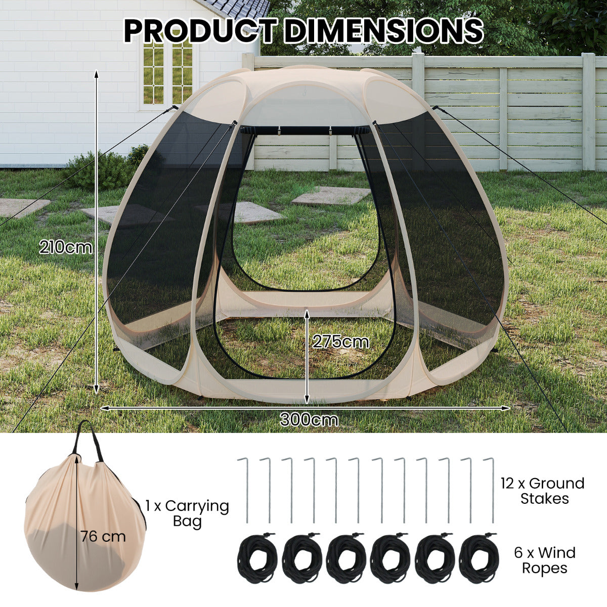 300 X 275 CM Foldable Outdoor Screened Camping Tent Gazebo-Sand Color