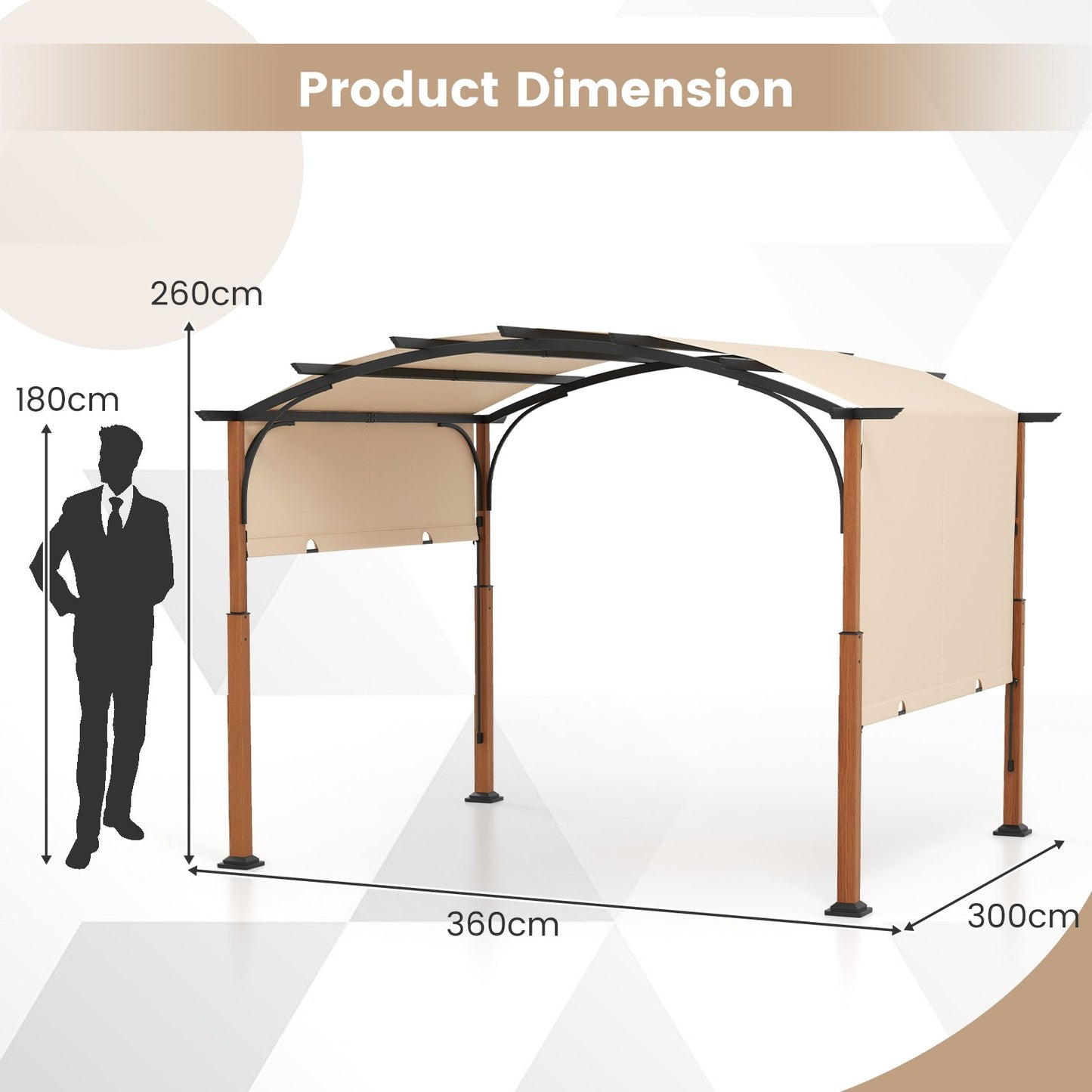 300 x 360 cm Retractable Pergola Arched Patio Pergola with Sun Shade Canopy-Beige