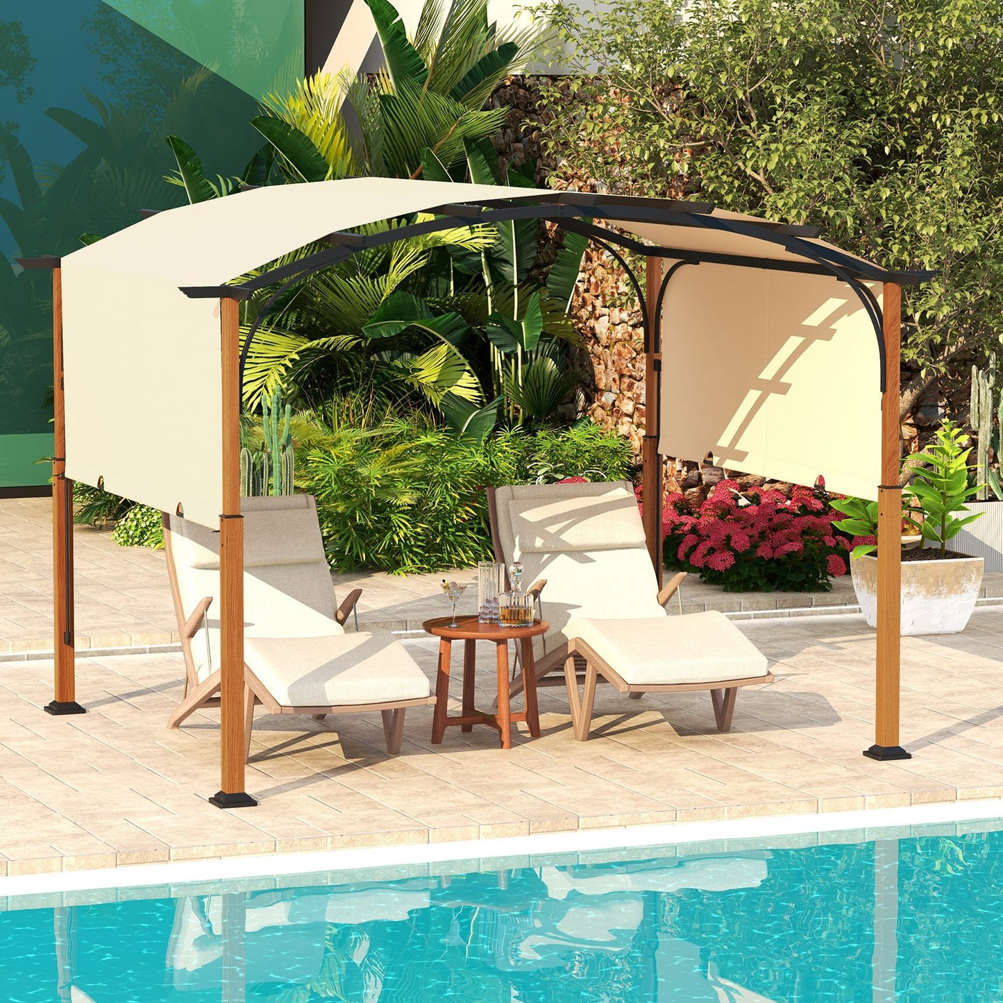 300 x 360 cm Retractable Pergola Arched Patio Pergola with Sun Shade Canopy-Beige