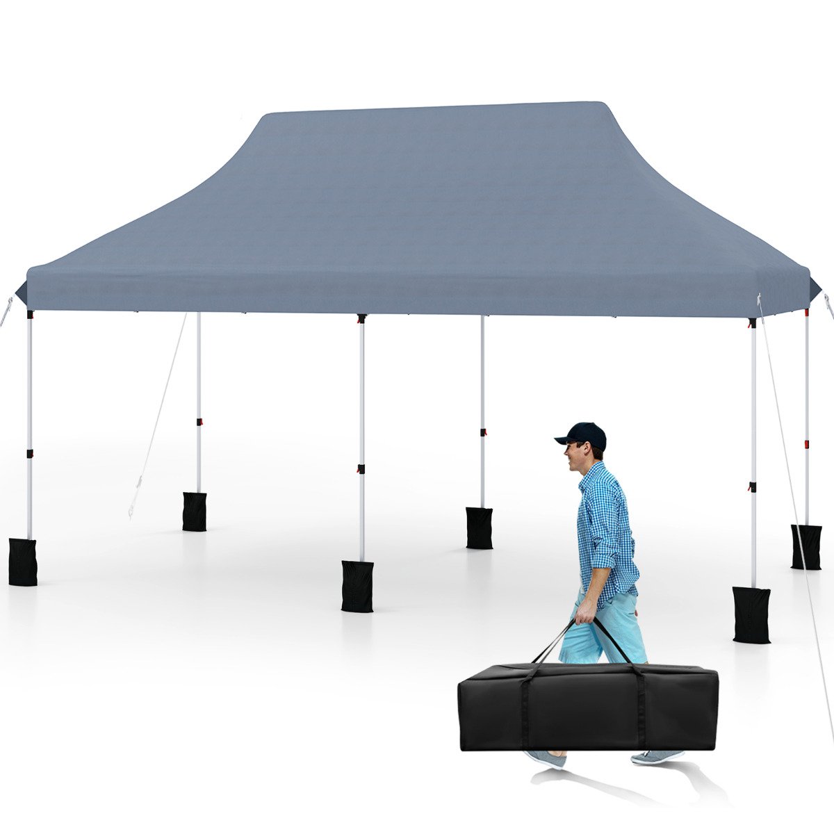 300 x 600 cm Pop up Canopy Tent with Carry Bag and 6 Sandbags-Grey