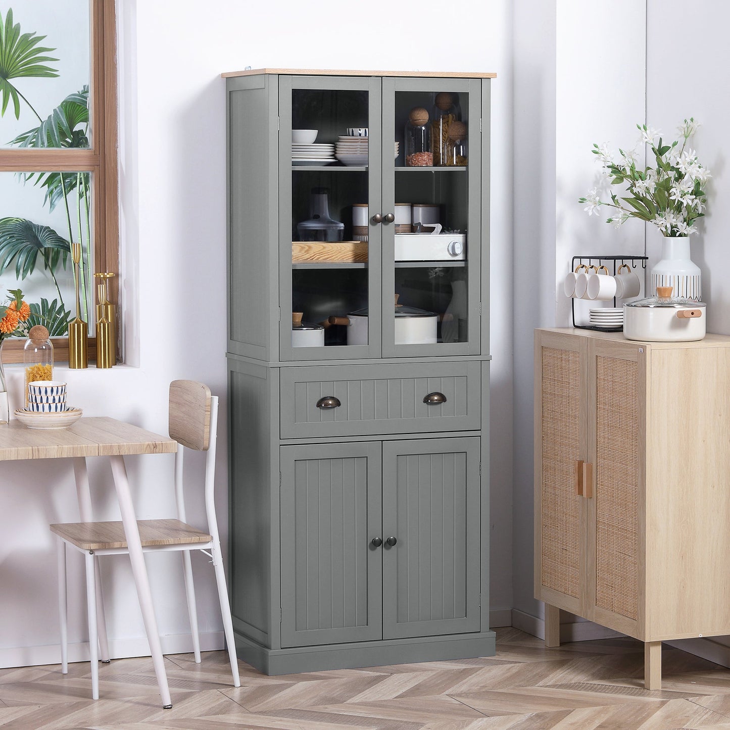 HOMCOM 180cm Tall Kitchen Pantry Cupboard, Freestanding Storage Cabinet with 5 Tier, Adjustable Shelves, Drawer, Grey