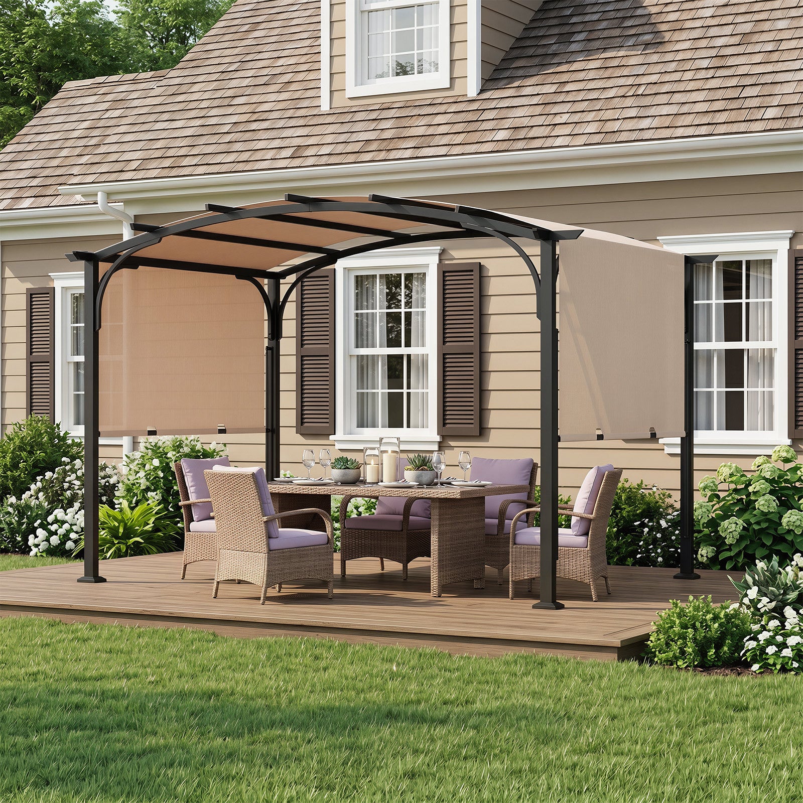 305 x 242 cm Outdoor Retractable Pergola with  Metal Frame and Polyester Fabric-Beige