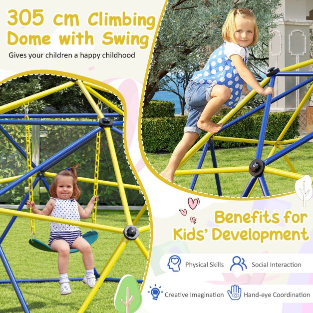 10FT Kids Climbing Dome with Swing Outdoor Jungle Gym Climber-Yellow