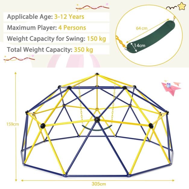 10FT Kids Climbing Dome with Swing Outdoor Jungle Gym Climber-Yellow