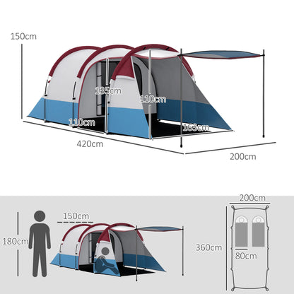 Outsunny Camping Tent, duży namiot tunelowy z sypialnią i częścią dzienną, 2000 mm wodoodporności, przenośny z torbą dla 2-3 osób, czerwony