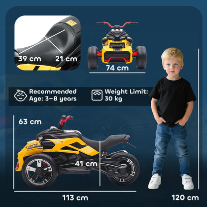 AIYAPLAY 12V Kids Electric Ride On Car with 3 Wheeler, MP3 Player, Horn, 2 Speeds, LED Lights for Boys & Girls Ages 3-8, Yellow