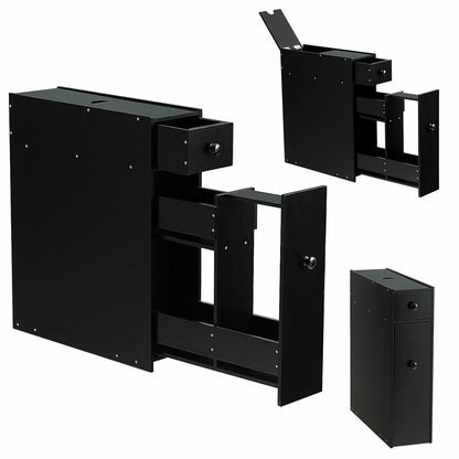 Slim Storage Cabinet with Slide-out Drawers and Flip-open Top Cover-Black