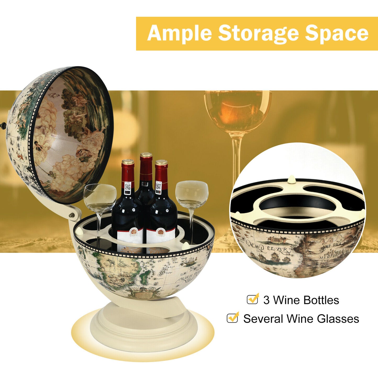Tabletop Retro Globe Bar with Map Patterns-Cream