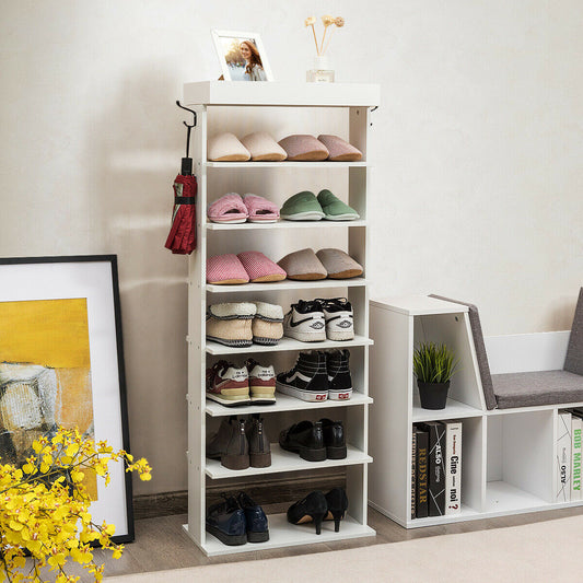 Vertical Designed 7-Tier Shoe Rack with Hooks-White