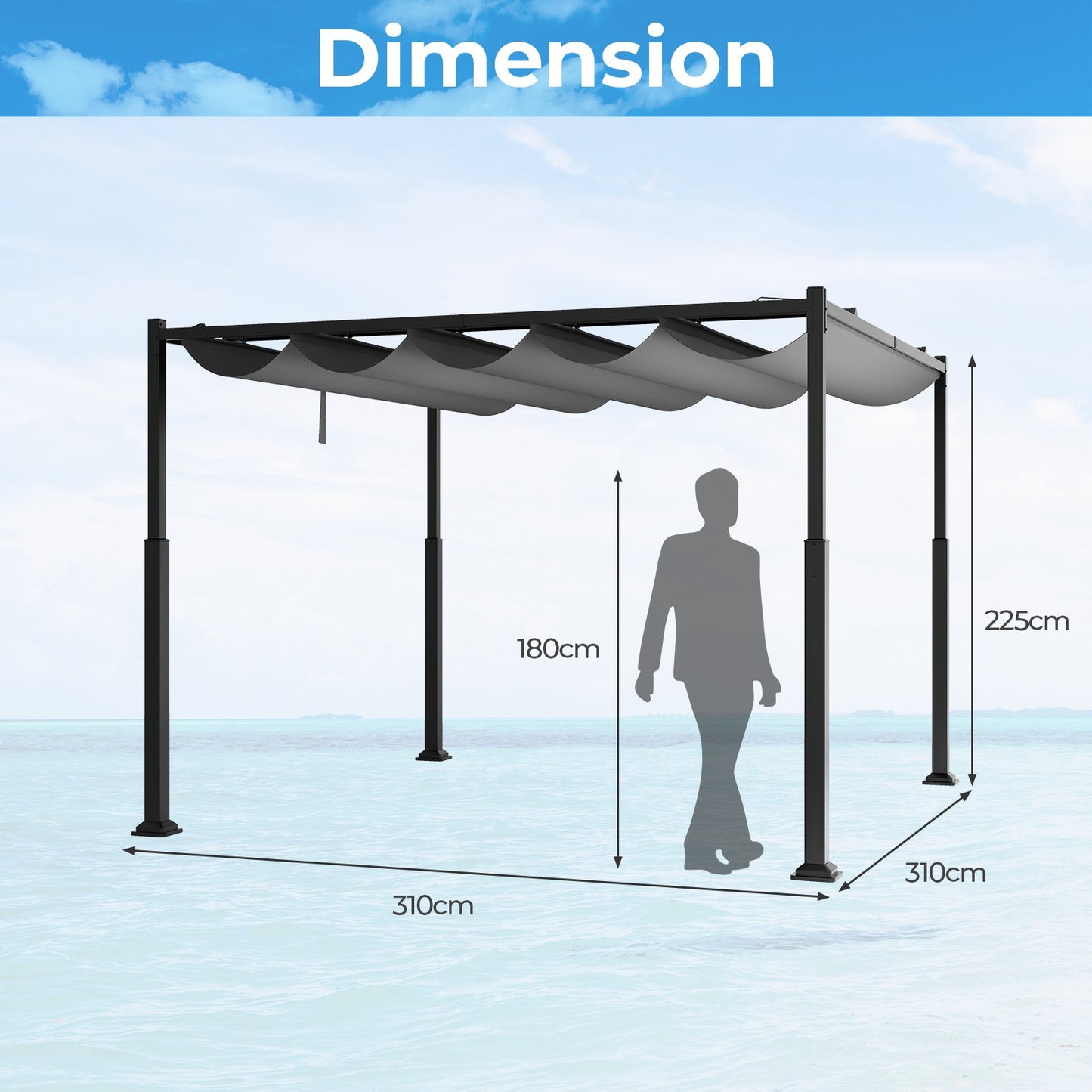 310 x 310 cm Outdoor Pergola with Retractable Canopy-Black and Grey
