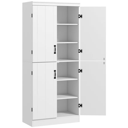 HOMCOM 4-Door Tall Kitchen Cupboard, Freestanding 6-Tier Storage Cabinet with 2 Adjustable Shelves for Living Room, Dining Room, White
