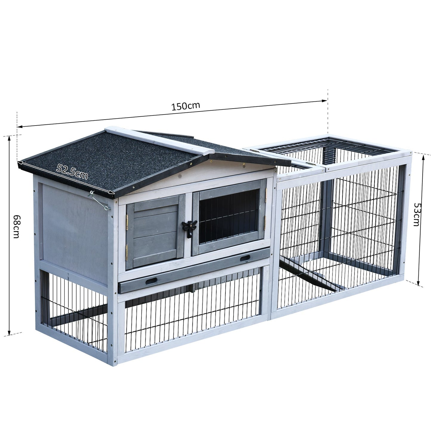 PawHut Small Animal Two-Level Fir Wood Guinea Pigs Hutches w/ Ramp Burnt Grey