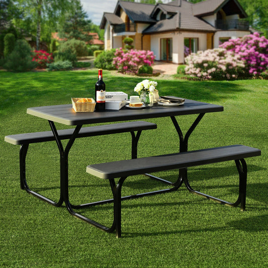 Picnic Table Bench Set with Metal Base Wood for Outdoor-Black