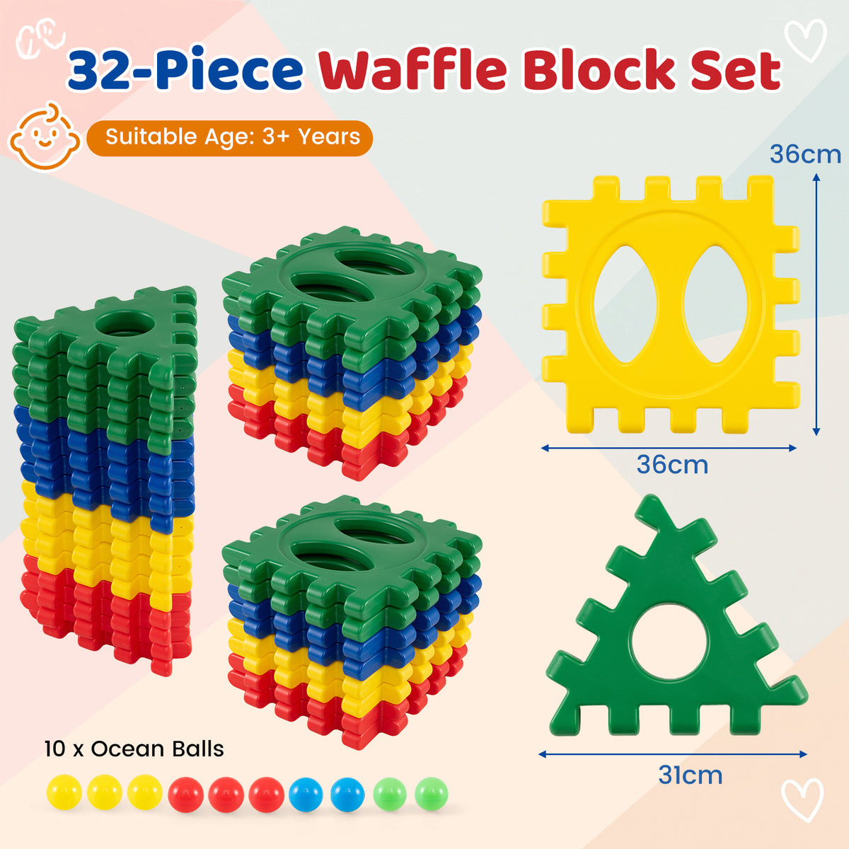 32-Piece Oversized Waffle Block Set with 10 Ocean Balls Easy-to-Use Grid Building Toys