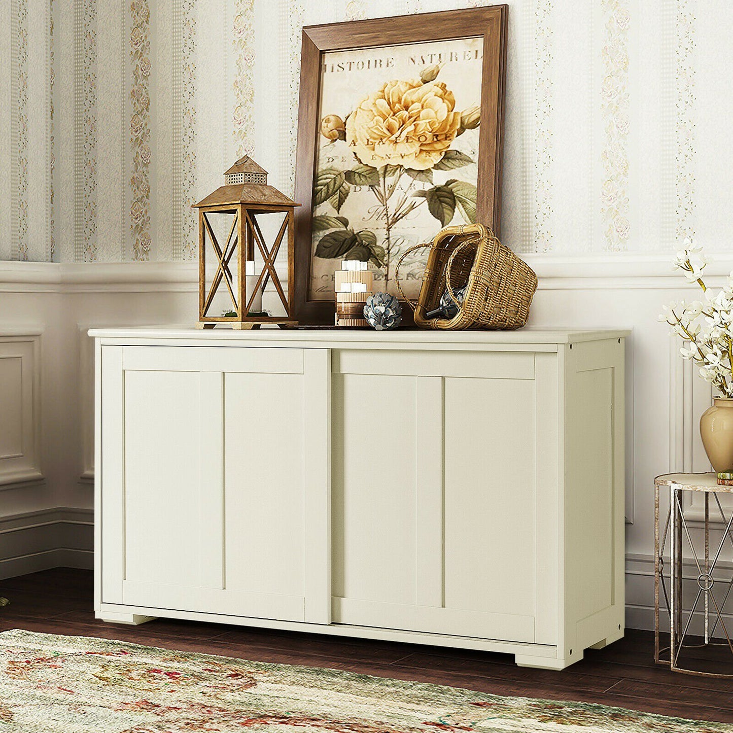 Storage Sideboard with Sliding Door and Double Partition-White
