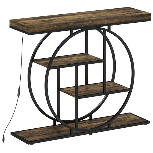 HOMCOM Industrial Console Table with LED Lights, Narrow Hallway Table with Storage Shelves, 100cm, Rustic Brown