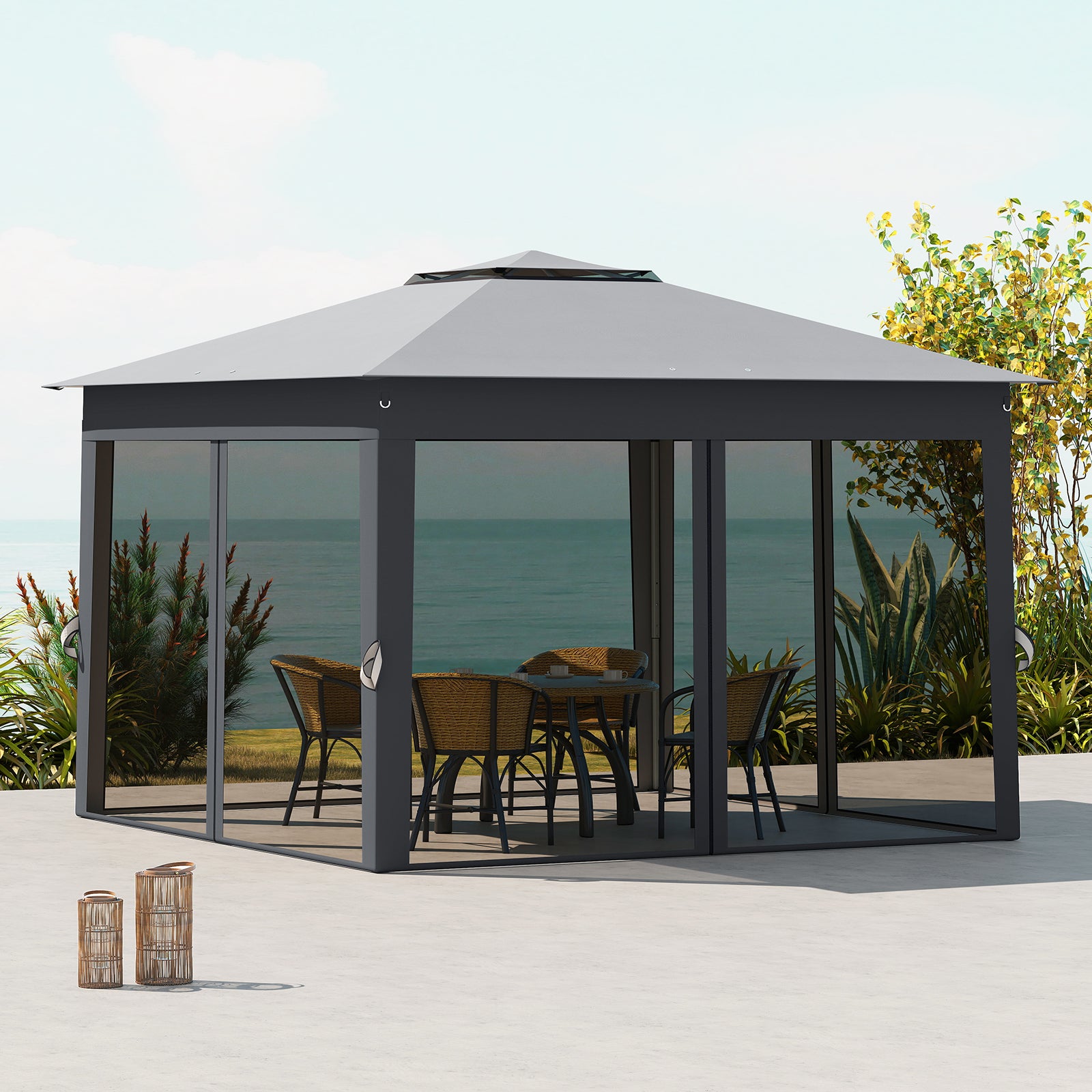 338 x 338 CM Pop Up Gazebo with Mesh Netting and Double Roof-Grey