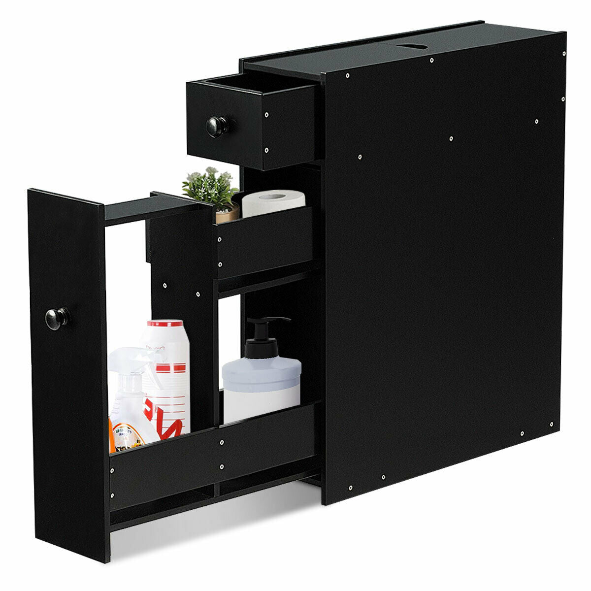 Slim Storage Cabinet with Slide-out Drawers and Flip-open Top Cover-Black