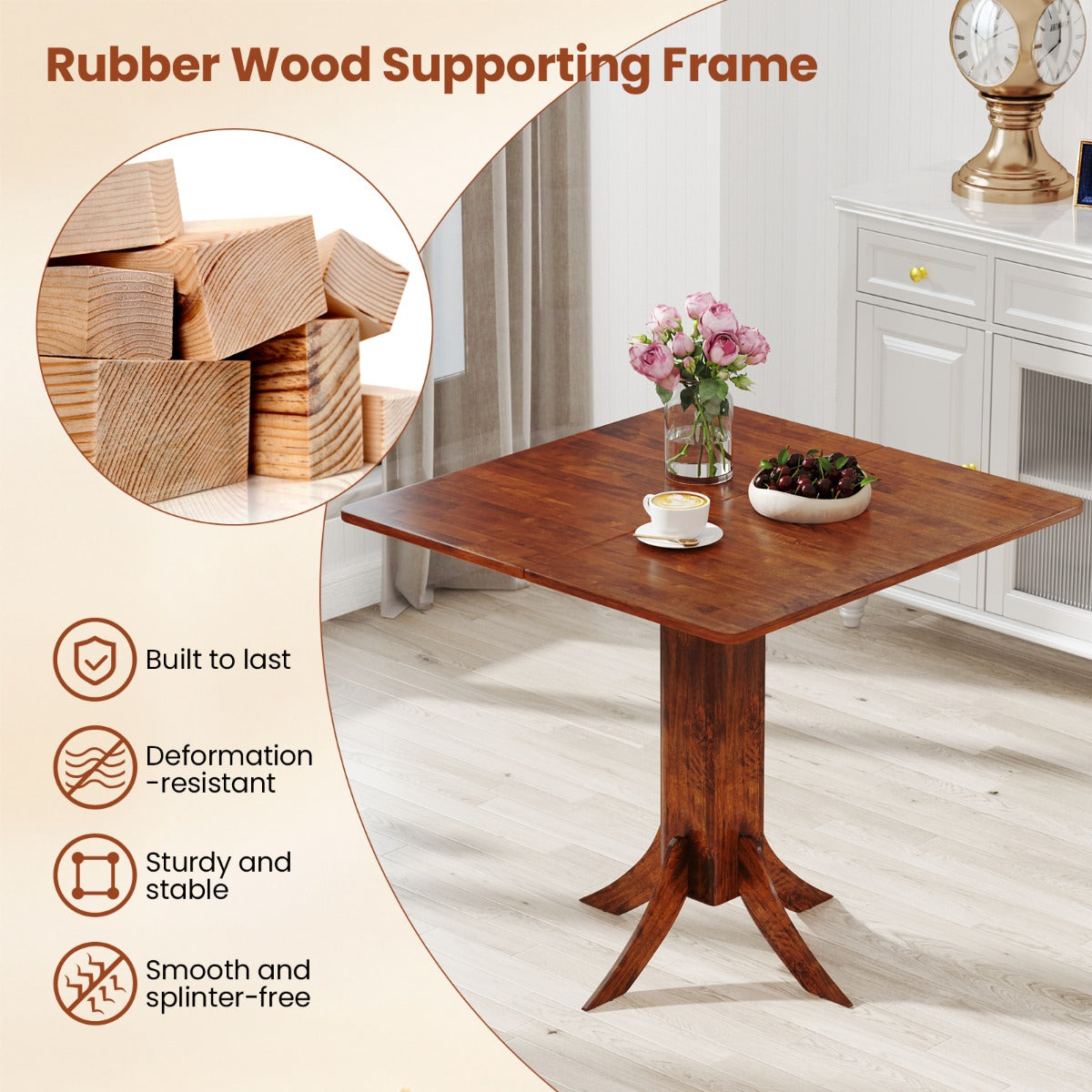 33 Inch Square Dining Table with Pedestal Base for 2-4 People-Walnut