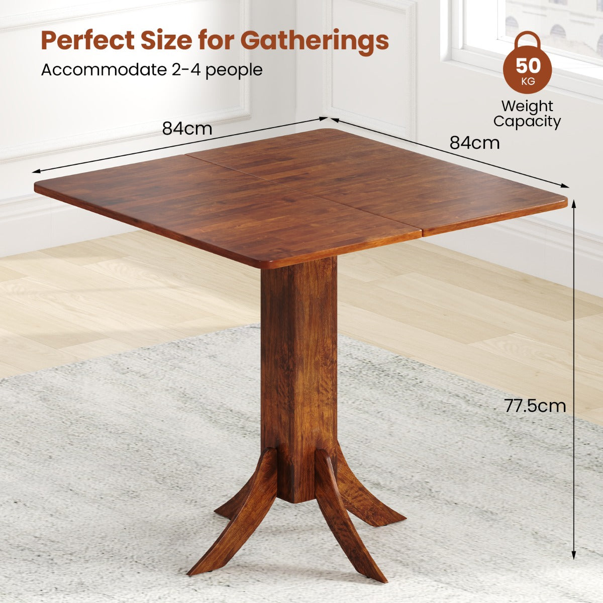 33 Inch Square Dining Table with Pedestal Base for 2-4 People-Walnut