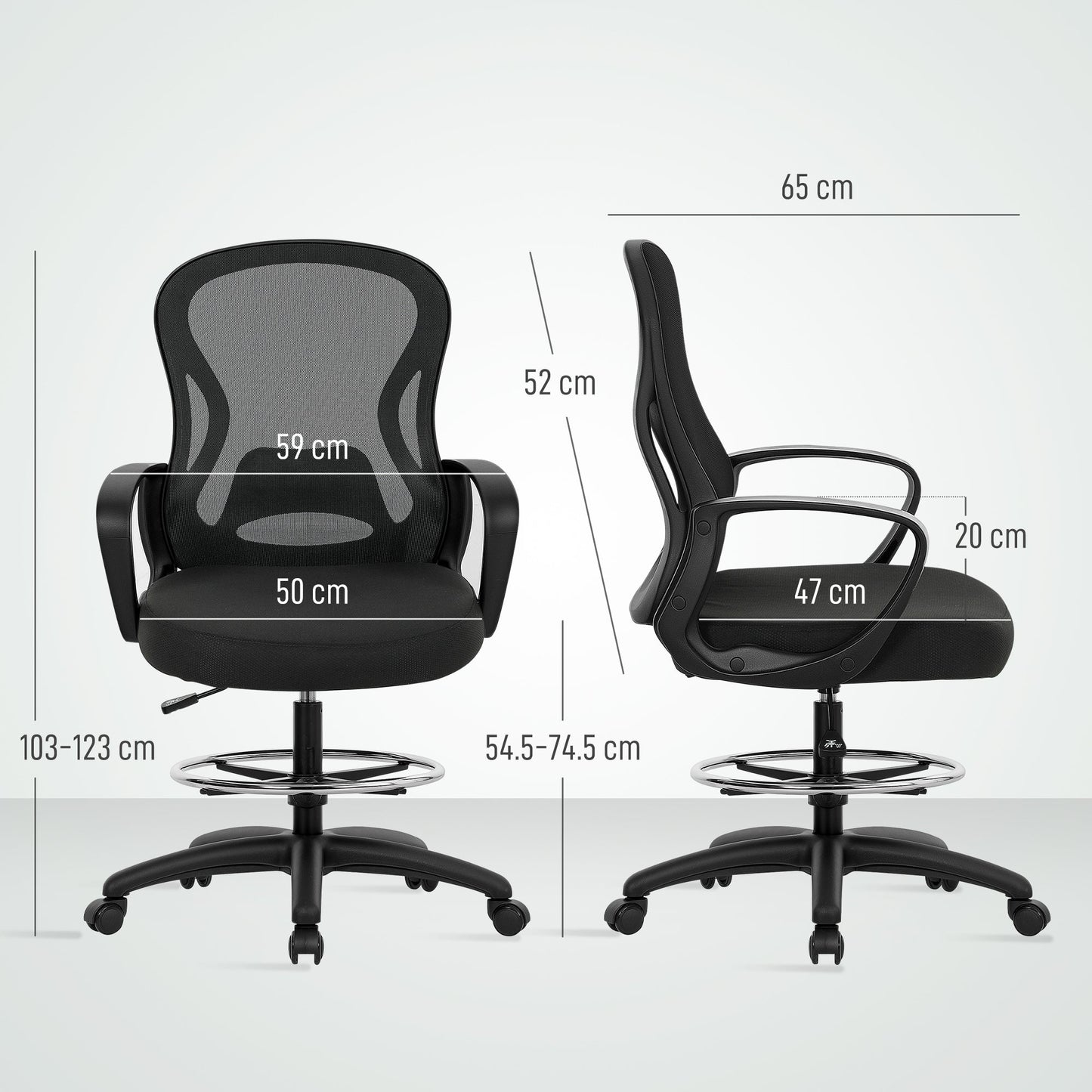 Vinsetto Drafting Chair with Adjustable Footrest, Ergonomic Mesh Office Chair with Lumbar Support, Adjustable Height for Standing Desk, Black