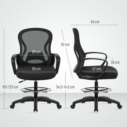 Vinsetto Drafting Chair with Adjustable Footrest, Ergonomic Mesh Office Chair with Lumbar Support, Adjustable Height for Standing Desk, Black