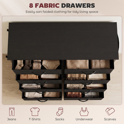 HOMCOM Chest of Drawers, Dresser with 8 Fabric Drawers, Tall Storage Unit with 4 Pockets and 2 Hooks Steel Frame, Black