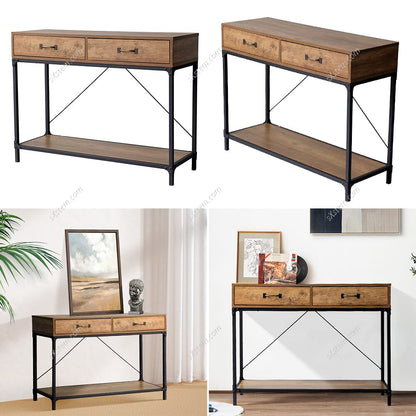 Industrial Wood Side Table with Drawers