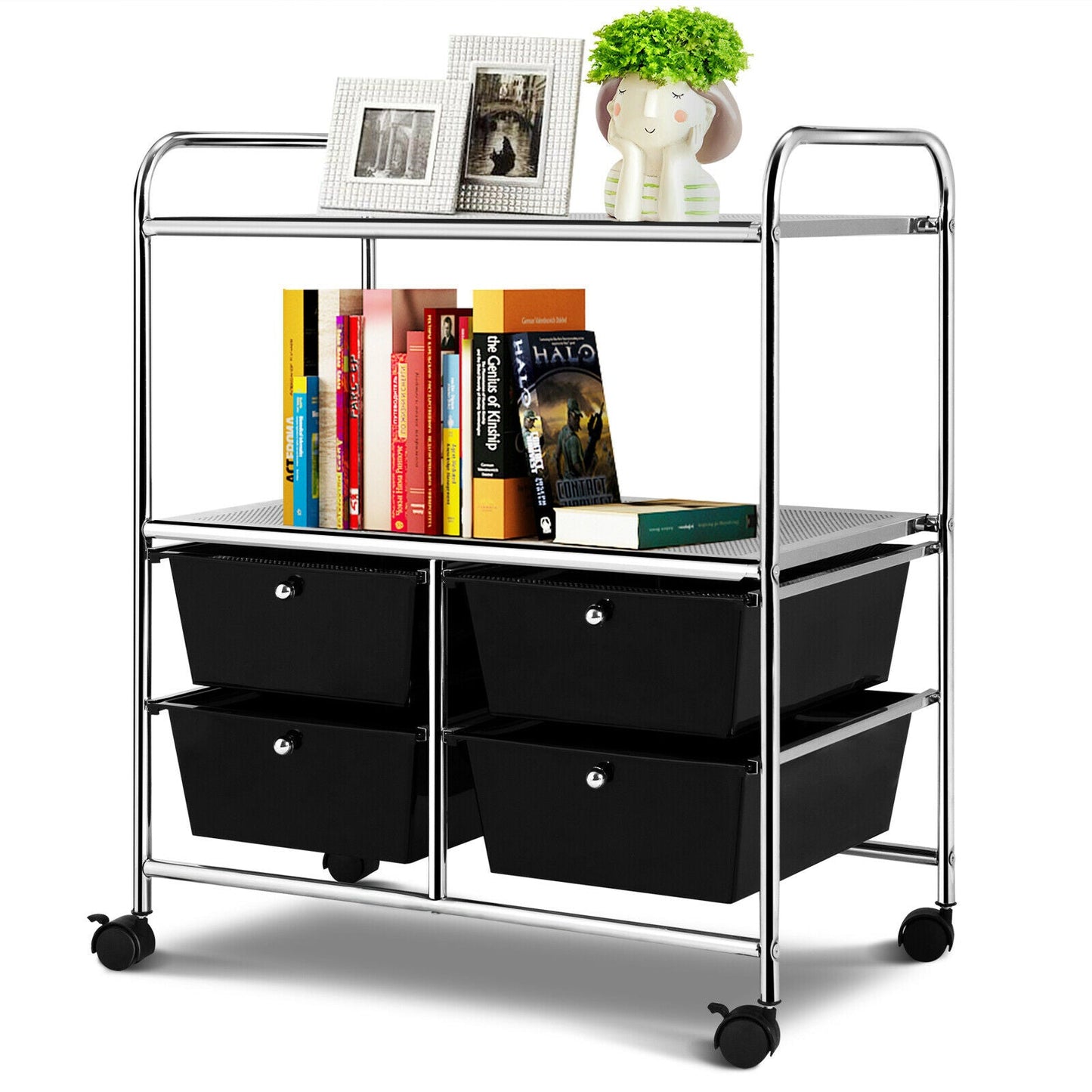 Utility Organiser Cart with 4 Plastic Drawers-Black