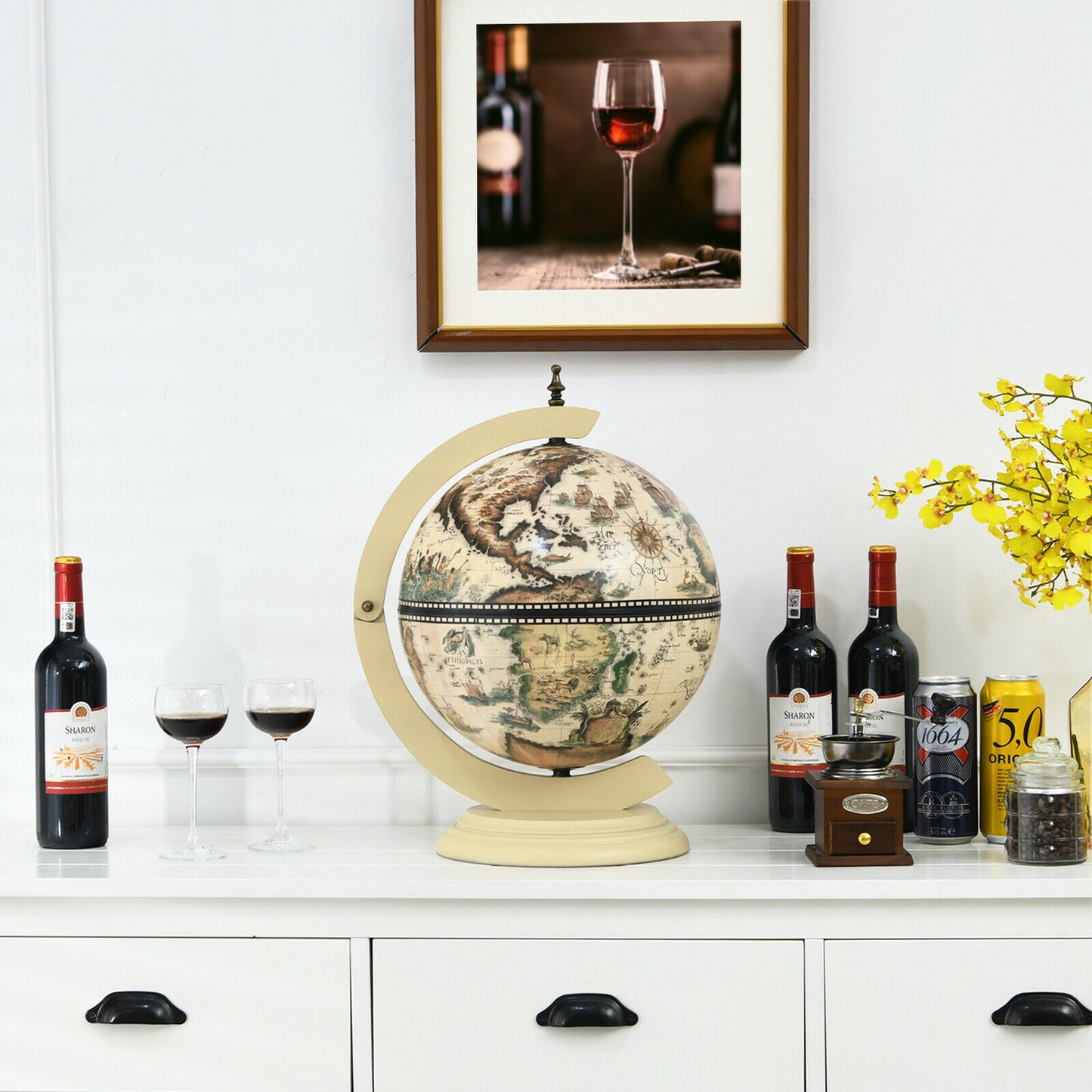 Tabletop Retro Globe Bar with Map Patterns-Cream