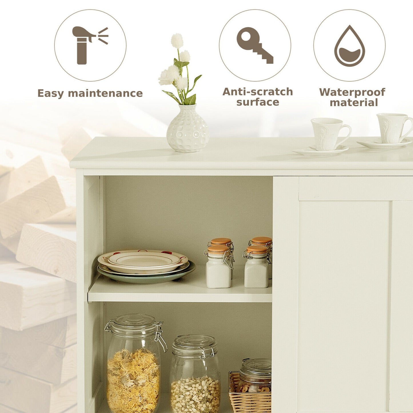 Storage Sideboard with Sliding Door and Double Partition-White