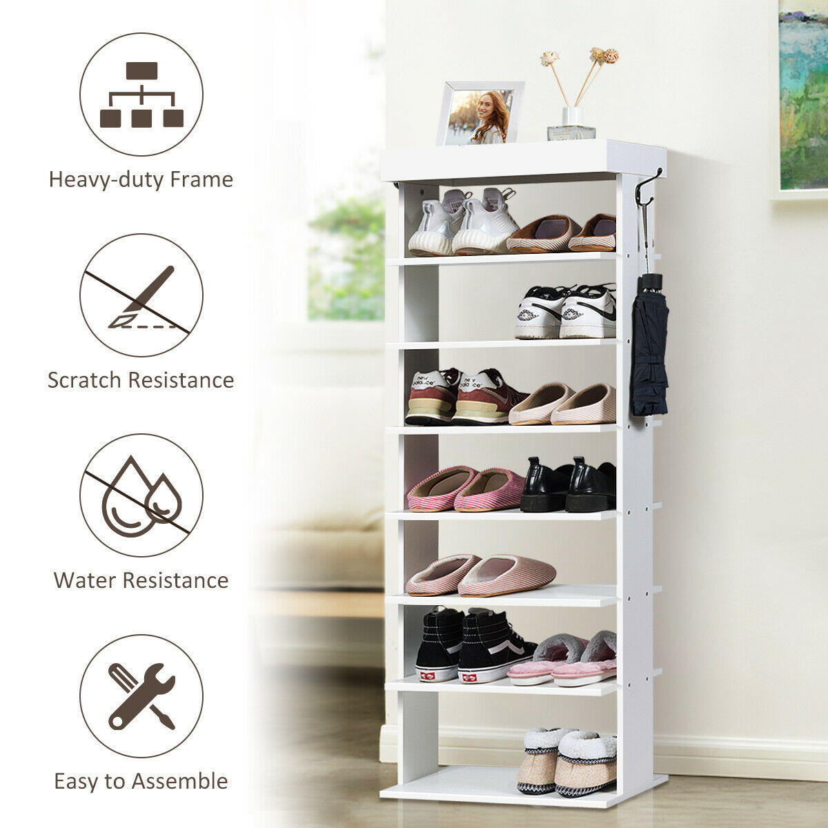 Vertical Designed 7-Tier Shoe Rack with Hooks-White