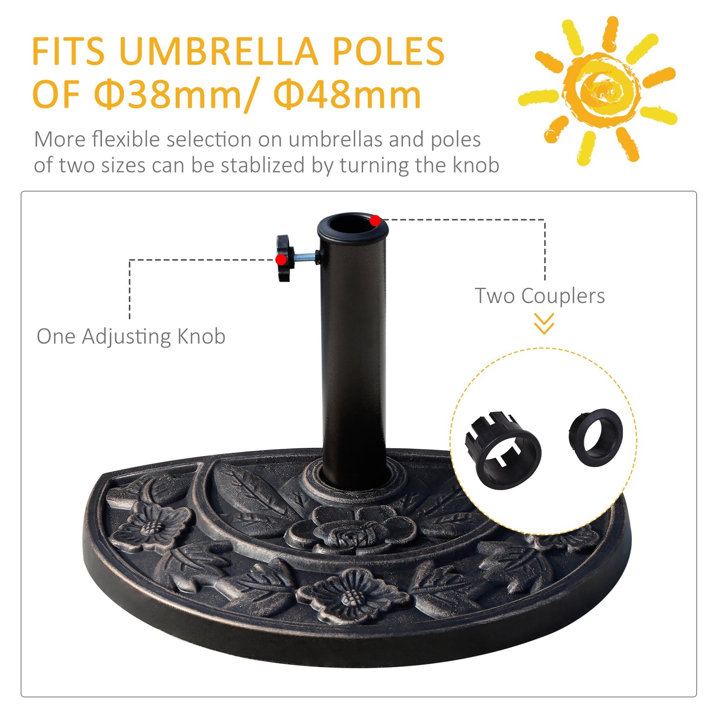 Outsunny 9kg Resin Half Round Parasol Base Umbrella Stand Garden Outdoor Accessories - Adjustable Coupler Suitable Umbrella Rod: _3.8cm, _4.8cm