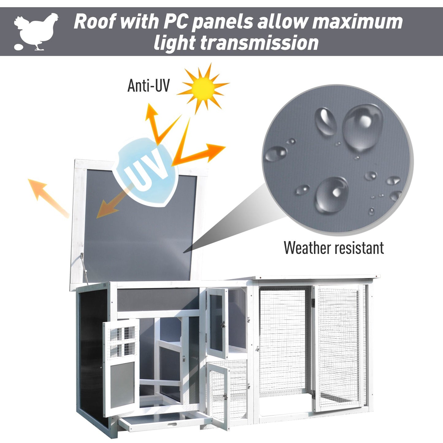 PawHut Chicken Coop, Fir Wood, 160Lx75Wx80H cm-Grey/White