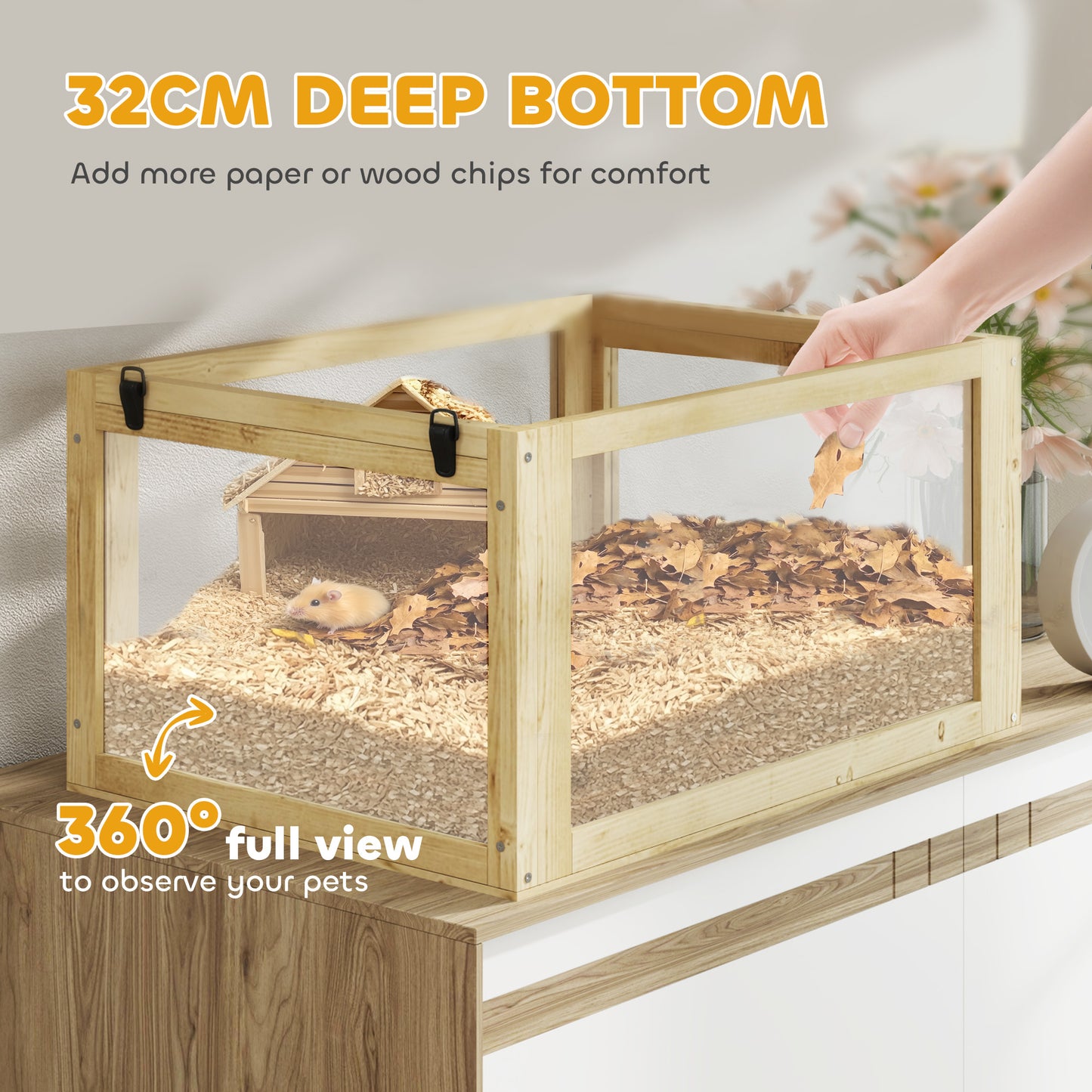 PawHut Wooden Hamster Cage with Detachable 32cm Deep Bottom, Hut, Seesaw, Exercise Wheel, Ramp, 60 x 40 x 75cm