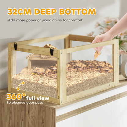 PawHut Wooden Hamster Cage with Detachable 32cm Deep Bottom, Hut, Seesaw, Exercise Wheel, Ramp, 60 x 40 x 75cm