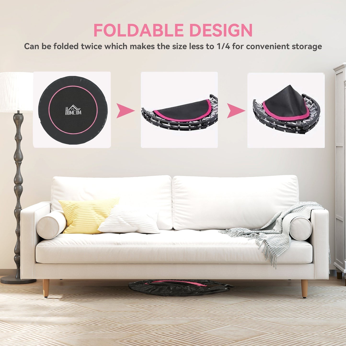 HOMCOM 45" Foldable Mini Fitness Trampoline, with Adjustable Foam Handle, Pink