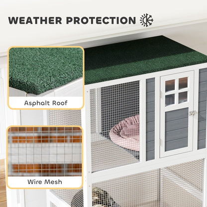 PawHut Wooden Catio Cat Outdoor Enclosure, Cat Cage with Waterproof Roof, Platforms, for Multiple Cats, White