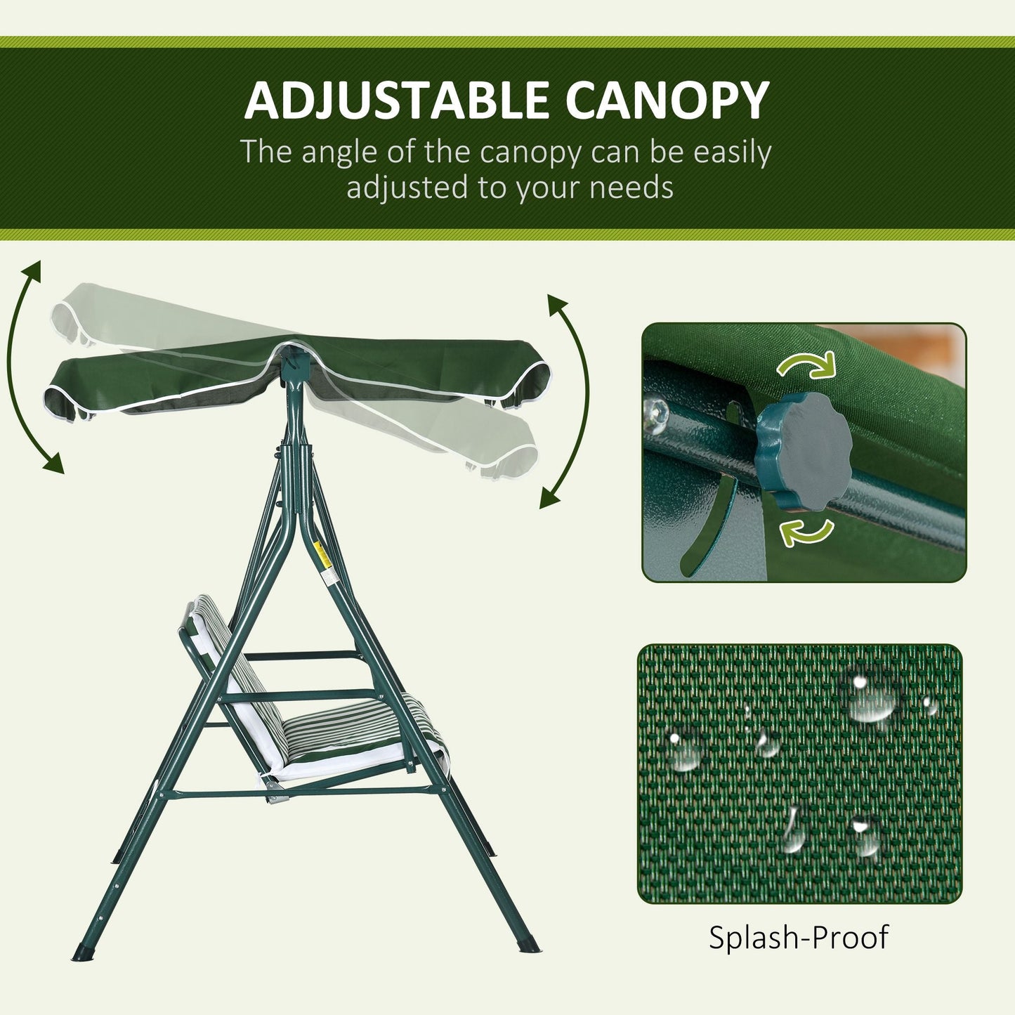 Outsunny 3 Seater Swing Chair with Adjustable Canopy, Garden Swing Seat with Steel Frame, Padded Seat, Green