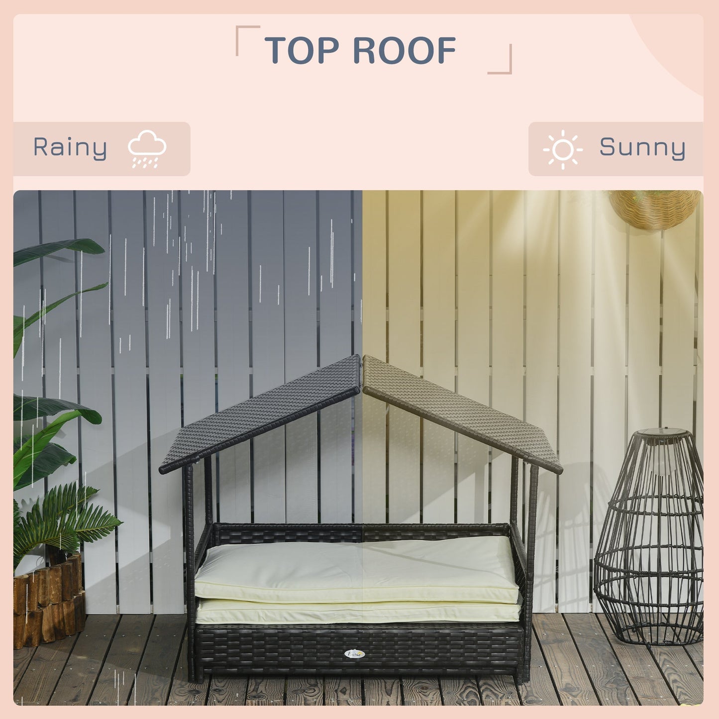 سرير كلب مرتفع قابل للتمديد من PawHut، بيت للكلاب من الروطان، مع سقف مقاوم للماء، ووسادة قابلة للإزالة، للكلاب الصغيرة والمتوسطة