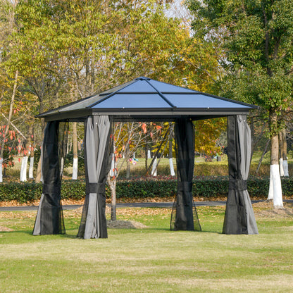 Outsunny 3 x 3(m) Hardtop Gazebo Canopy with Polycarbonate Roof, Aluminium Frame, Permanent Pavilion Garden Gazebo with Netting and Curtains for Patio, Deck, Dark Grey